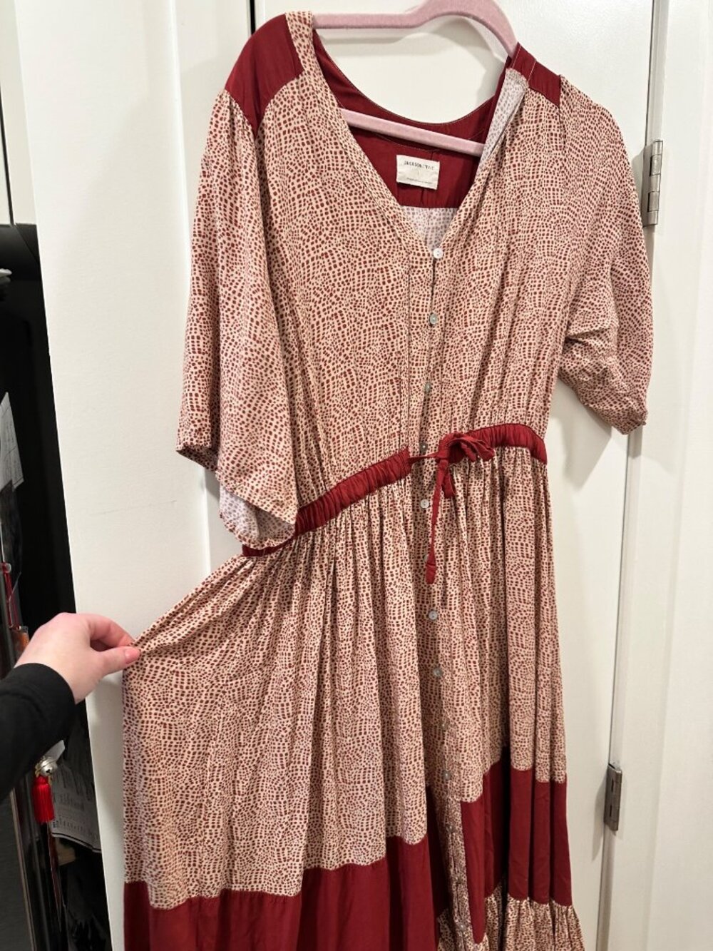 Jackson Rowe Red & Beige Patterned Maxi Dress With Button Front & Tie Waist - Picture 5 of 9